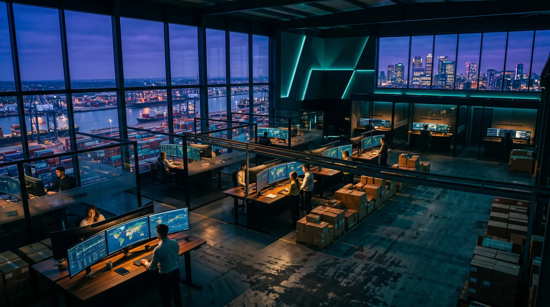 X Global Trade operations team, world maps, port skyline through windows