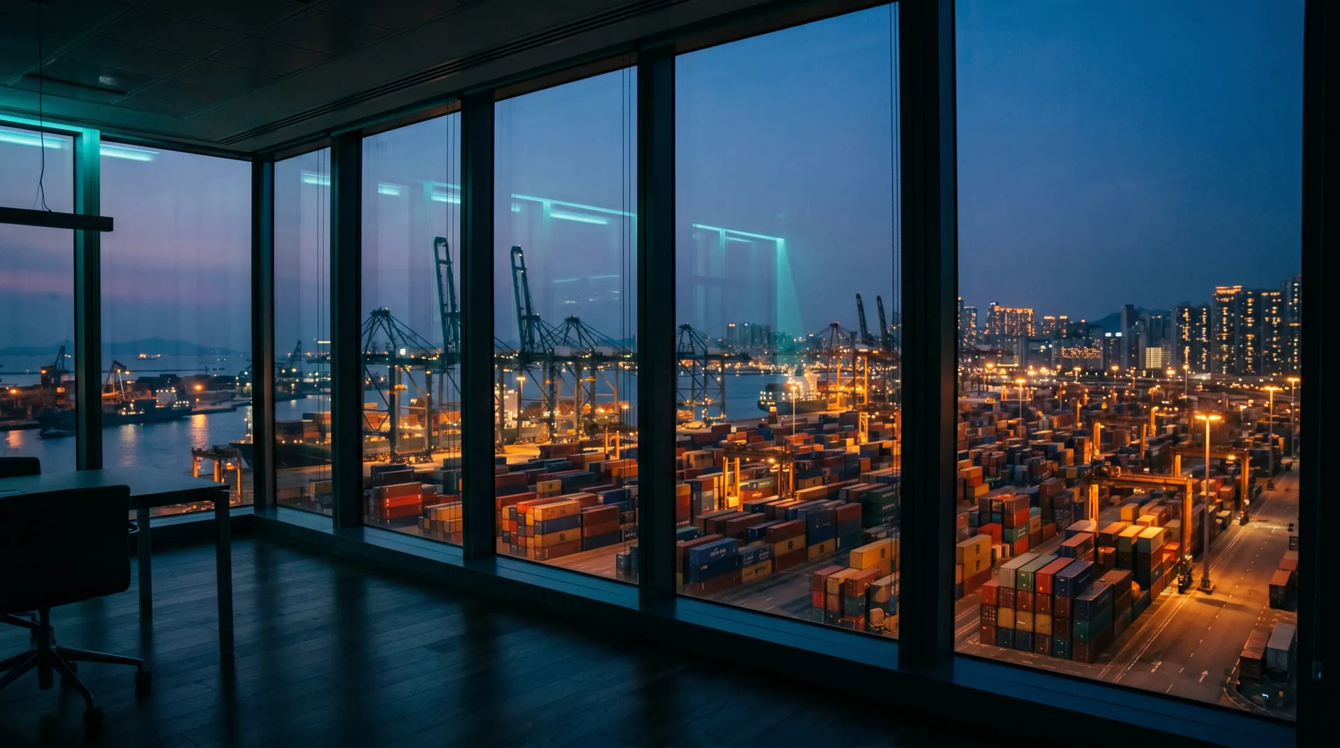 Empty X Global Trade operations office, floor-to-ceiling glass, port view beyond